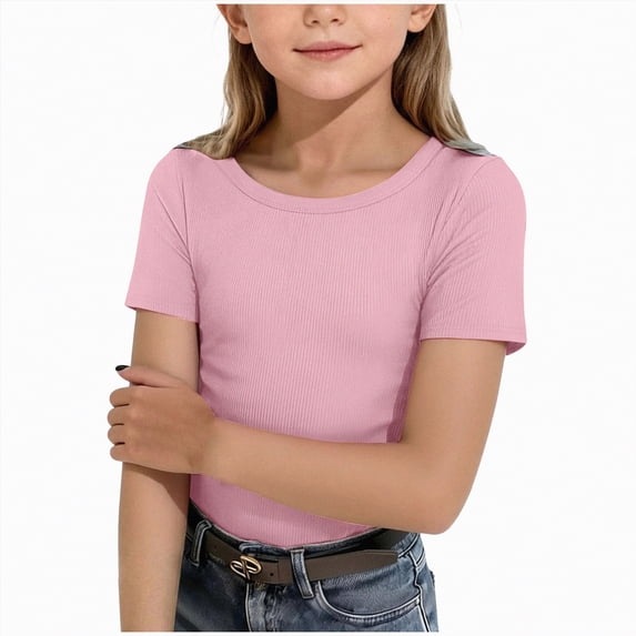 CAICJ98 Girls Short Sleeve Shirts Tops Kids Ribbed Knit Crew Neck T Shirts Basic Solid Tees Slim Fit Casual Basic Tee (Pink,13-14 Years)