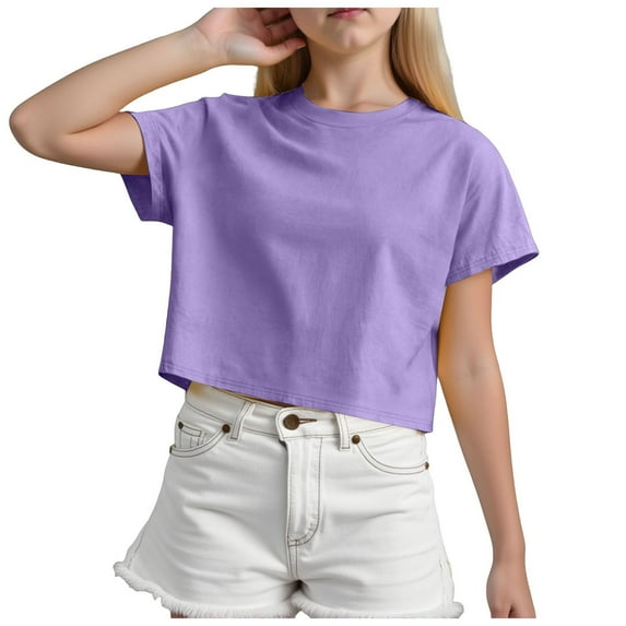 CAICJ98 Girls Short Sleeve T Shirts Toddler Summer Solid Color Crop Tops Crewneck Fashion Girls Tee Shirts Purple,6-7 Years