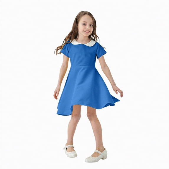 CAICJ98 Girls Short Sleeve Vintage Peter Pan Collar T-Shirt Dress for Kids Toddler Girls Party Dress (11-12 Years,Blue)
