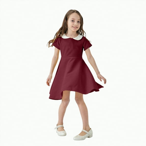CAICJ98 Girls Short Sleeve Vintage Peter Pan Collar T-Shirt Dress for Kids Toddler Girls Party Dress (7-8 Years,Red)