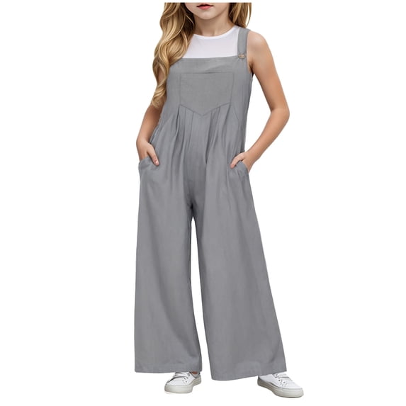 CAICJ98 Girls Sleeveless Jumpsuit Kids Overalls Casual Wide Leg Jumpsuit for Girls Loose Rompers with Pockets Grey,9-10 Years