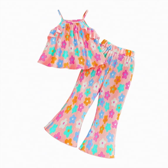CAICJ98 Girls Summer Clothes 2 Piece Loose Spaghetti Strap Flower Tank Top and Pants Set Kids Toddler Clothing Sets with Pockets (Pink,9-10 Years)