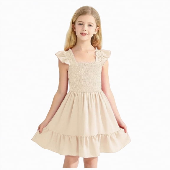 CAICJ98 Girls Summer Dresses Smocked Sleeveless Sundresses with Pockets Princess Party Casual Dress for Girls (11-12 Years,Beige)