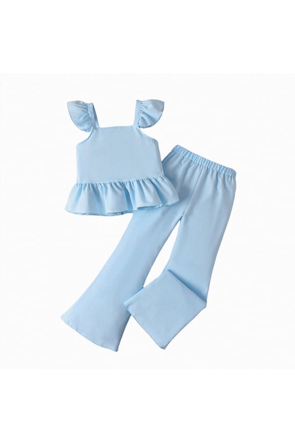 Girls Summer Outfits Casual Soft Ruffle Sleeve Peplum Top & Wide Leg Pants Set Stylish Comfortable Kids Spring Clothes Set (Blue,9-10 Years)