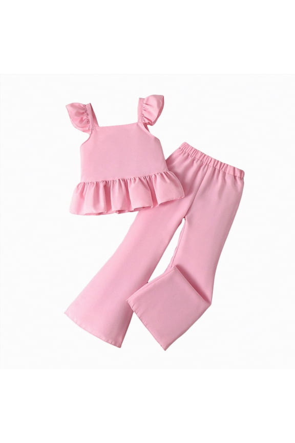 Girls Summer Outfits Casual Soft Ruffle Sleeve Peplum Top & Wide Leg Pants Set Stylish Comfortable Kids Spring Clothes Set (Pink,13-14 Years)