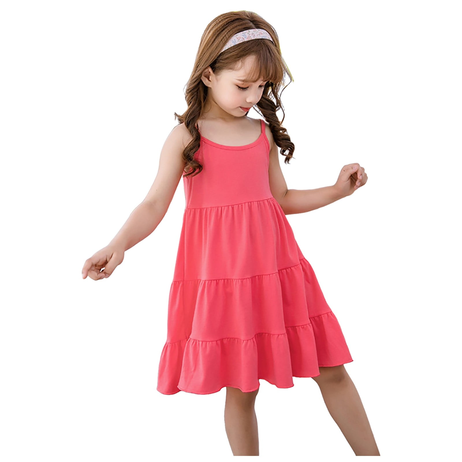 CAICJ98 Girls Summer Sundress Spaghetti Strap Solid Tiered Swing Midi ...