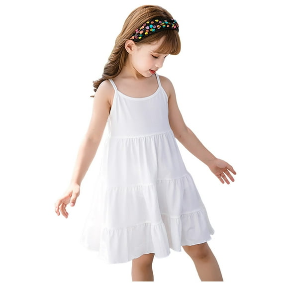 CAICJ98 Girls Summer Sundress Spaghetti Strap Solid Tiered Swing Midi Dress for Toddler Girls Casual Cami Dresses White,4-5 Years