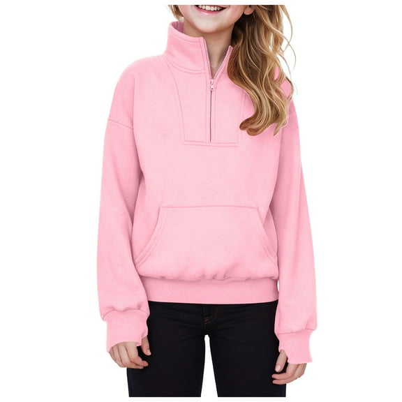 CAICJ98 Girls Sweatshirts Girls Sweatshirt Half Zip Fleece Pullover Kids Sweatshirts Teen Girls Fall Winter Clothes Thumb Hole Pink,7-8 Years