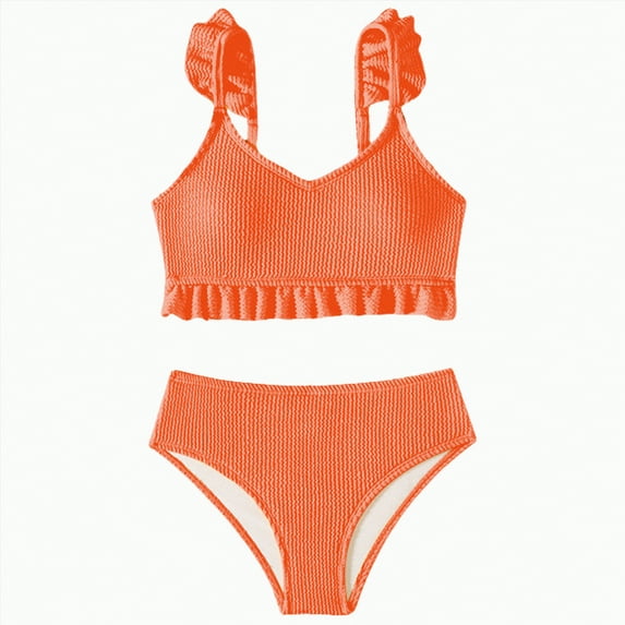 CAICJ98 Girls Swimsuit 2 Piece Bikini Sets Ruffle Trim Bathing Suits for Girls Swimwear (9-10 Years,Orange)