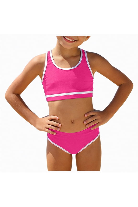 Girls Swimsuit 2 Piece Strap Bikinis High Waist Sporty Bathing Suit for Girls Color Block Swimwear (7-8 Years,Hot Pink)
