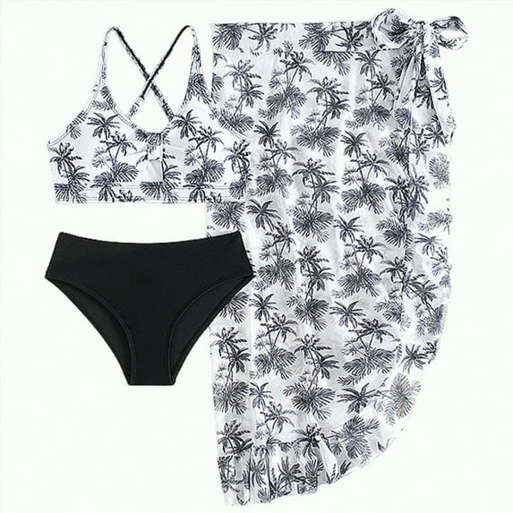 CAICJ98 Girls Swimsuit 3 Piece Bikini Set Tropical Print Bathing Suit for Girls Swimwear with Cover Up Skirt (13-14 Years,Black)