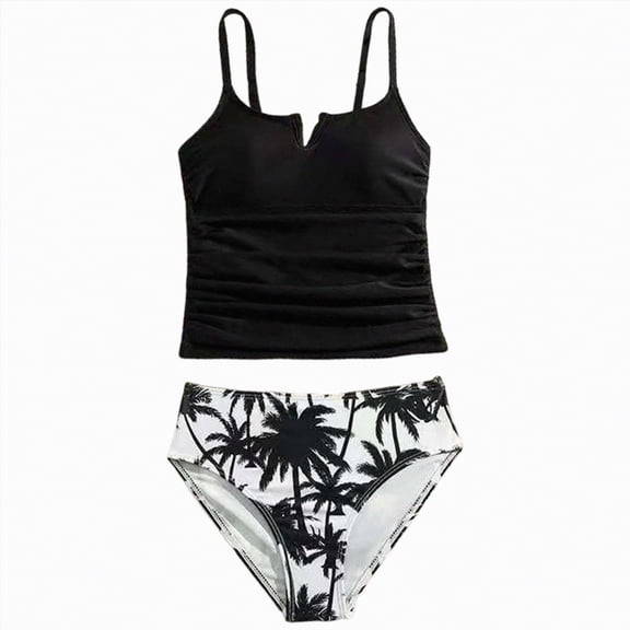 CAICJ98 Girls Swimsuit Cutout V-Neck Bathing Suit Cute Two Piece Swimsuits for Teen Girls Modest Swimwear High Waisted Tankini (11-12 Years,Black)