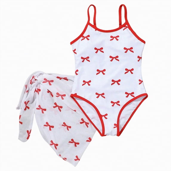 CAICJ98 Girls Swimsuit One Piece Adjustable Straps Cut Out Bathing Suit for Girls Skirt 2PCS Swimwear with Bow Cover Up Skirt (Red,7-8 Years)