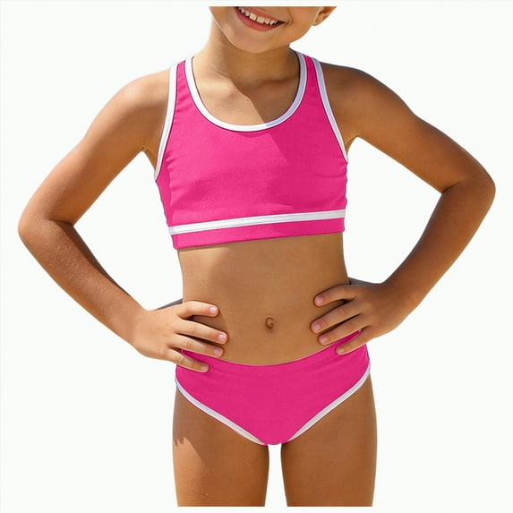 CAICJ98 Girls Swimsuits 2 Piece Bathing Suit Bikini Set Beach Sporty Color Block Girls' Swimwear (10-11 Years,Hot Pink)