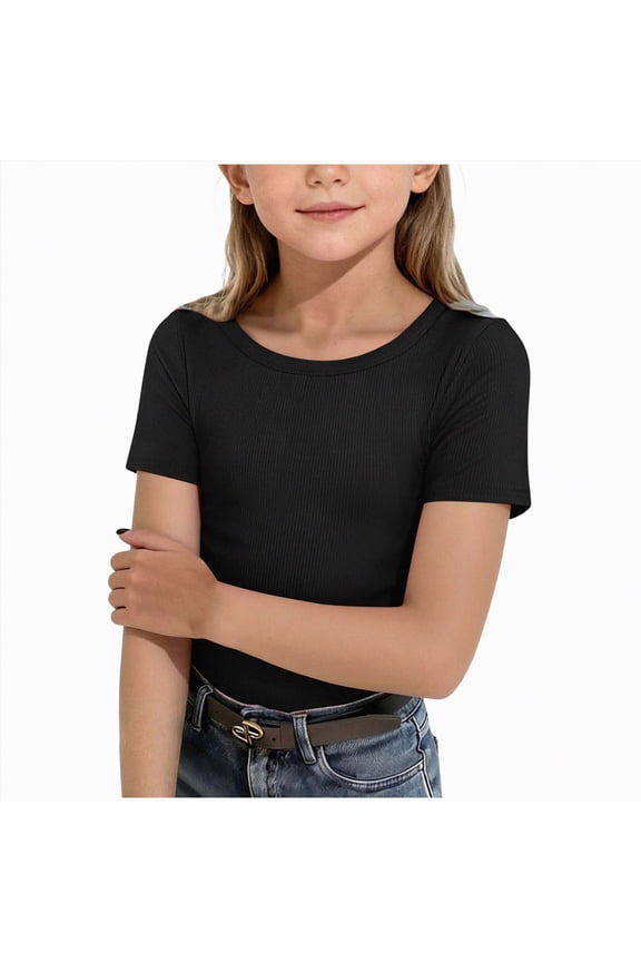 Girls T Shirts Crew Neck Ribbed Fitted Tight Tshirt Kids Short Sleeve Shirt Basic Knit Top (Black,9-10 Years)