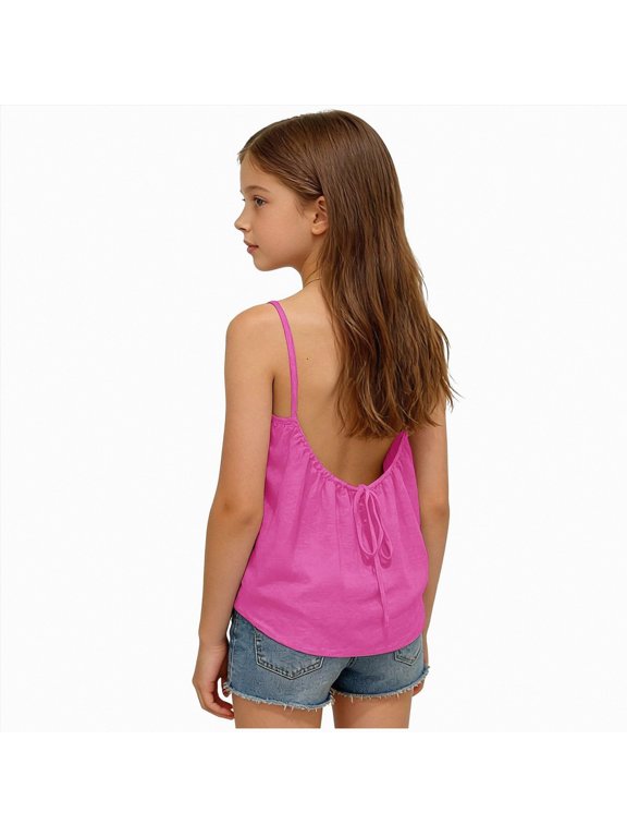 Girls Tank Top Backless Flowy Summer Beach Shirts Kids Loose Fit Casual Spaghetti Strap Camisole Tops Tween Cute Clothes (Hot Pink,6-7 Years)