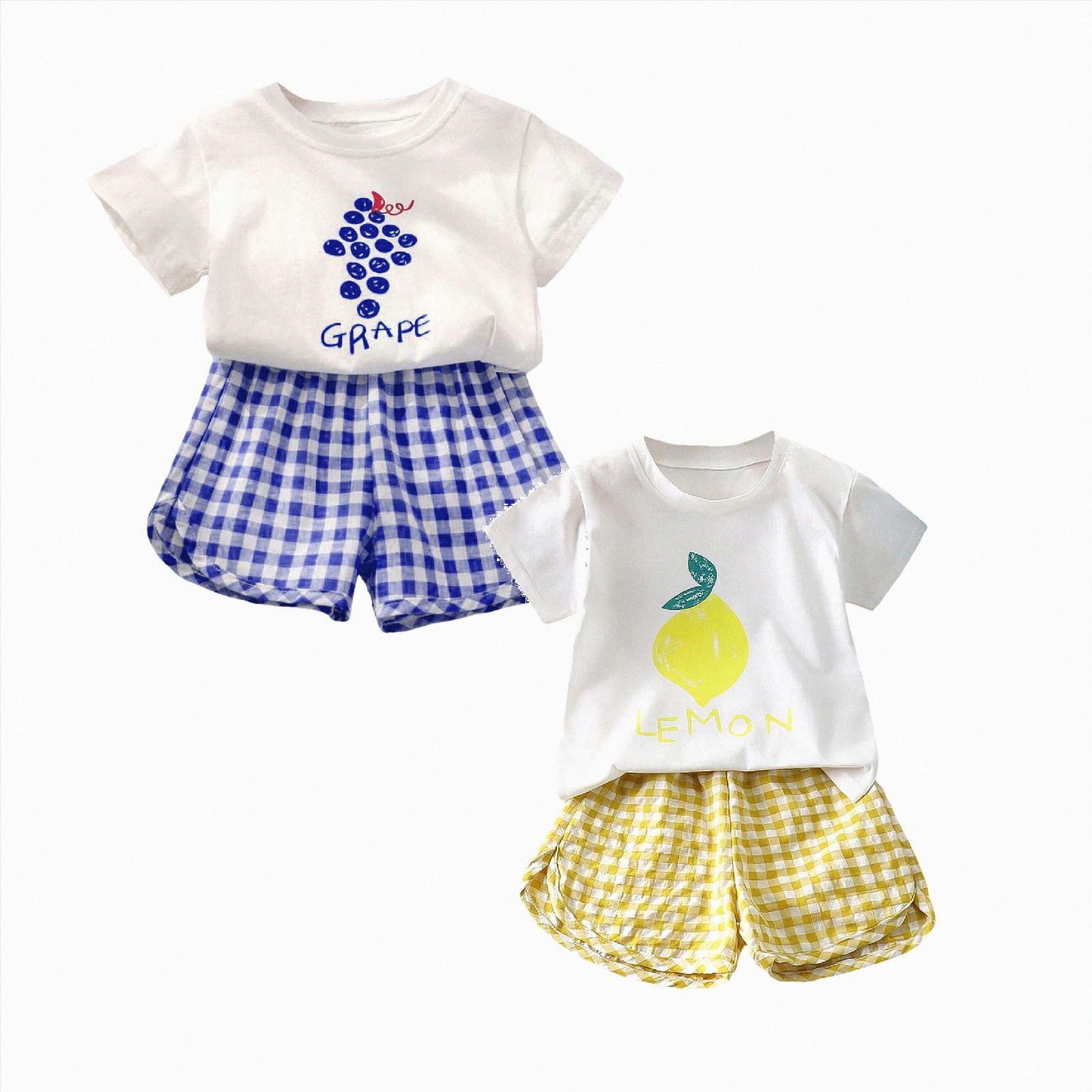 CAICJ98 Girls Toddler Baby Summer Clothes 3 6 12 18 24 Months 2T 3T 4T 5T Girls Outfits Short Sleeve Fruit Letter Print T-shirt Plaid Elastic Waist Shorts 4 Piece Short Set,Size 6-7 Years