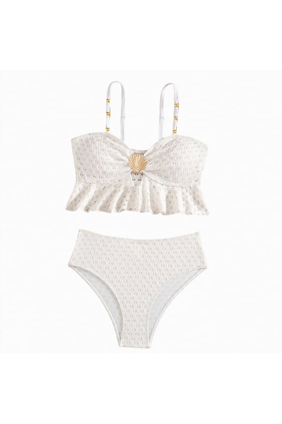 Girls Two Piece Swimsuits Metallic Shell Bikini Sets Cut Out Bathing Suits for Girls Ruffle Top High Waist Hipster Swimwear (13-14 Years,White)