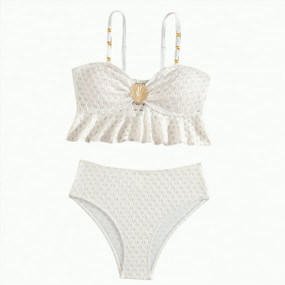 CAICJ98 Girls Two Piece Swimsuits Metallic Shell Bikini Sets Cut Out Bathing Suits for Girls Ruffle Top High Waist Hipster Swimwear (9-10 Years,White)