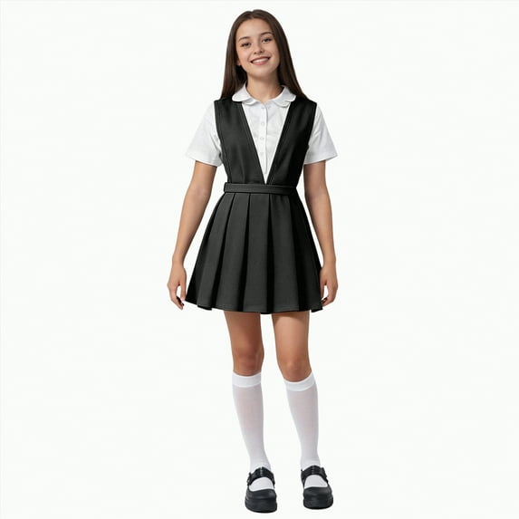 CAICJ98 Girls Uniform Jumper Dress Pull-on Scooter Skirt Stretchy Overall School Uniform for Girls Dresses (6-7 Years,Black)