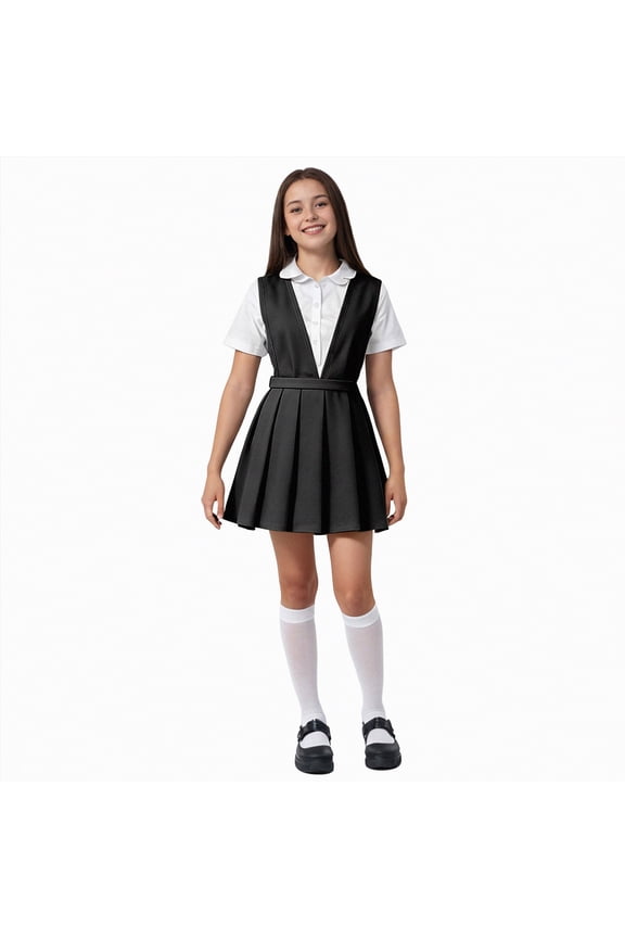 Girls Uniform Jumper Dress Pull-on Scooter Skirt Stretchy Overall School Uniform for Girls Dresses (6-7 Years,Black)