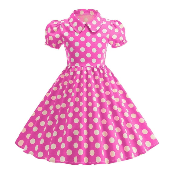 CAICJ98 Girls Vintage Dresses Kids Polka Dot 50's Dress Short Sleeve Turn-Down Collar Swing Dresses for Toddler Girls Party Dress Hot Pink,9-10 Years