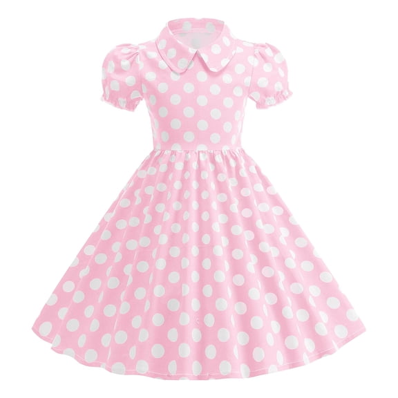 CAICJ98 Girls Vintage Dresses Kids Polka Dot 50's Dress Short Sleeve Turn-Down Collar Swing Dresses for Toddler Girls Party Dress Pink,9-10 Years