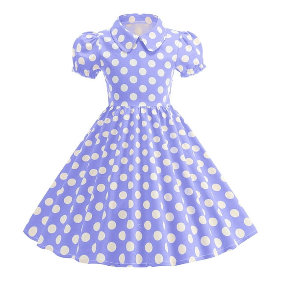 CAICJ98 Girls Vintage Dresses Kids Polka Dot 50's Dress Short Sleeve Turn-Down Collar Swing Dresses for Toddler Girls Party Dress Purple,3-4 Years