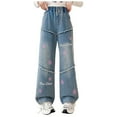 thumbnail image 1 of CAICJ98 Girls' Wide Leg Jeans Kids Elastic Waist Casual Denim Pants Kids Baggy Jeans Girls with Pockets Blue,4-5 Years, 1 of 7