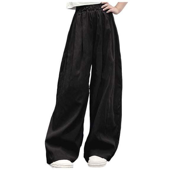 CAICJ98 Girls Wide Leg Pants Lightweight Casual Elastic Baggy Pants for Girls High Waist Straight Leg Loose Trousers Black,14-15 Years