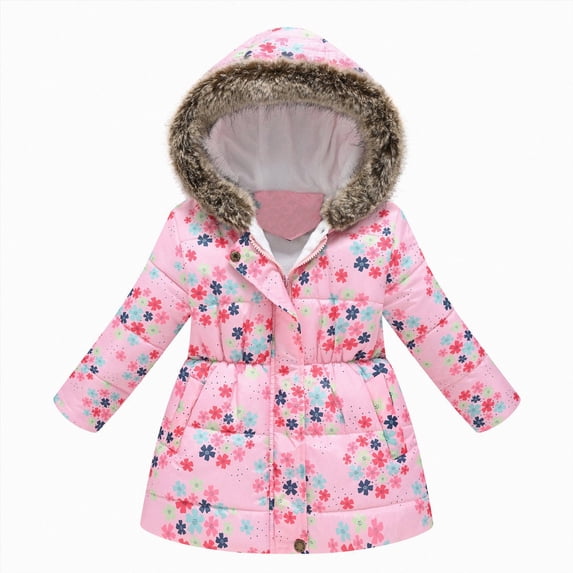 CAICJ98 Girls Winter Coat Jacket with Hooded Long Puffer Jacket Flower Print Warm Outdoor Coats for Kids (Pink,6-7 Years)