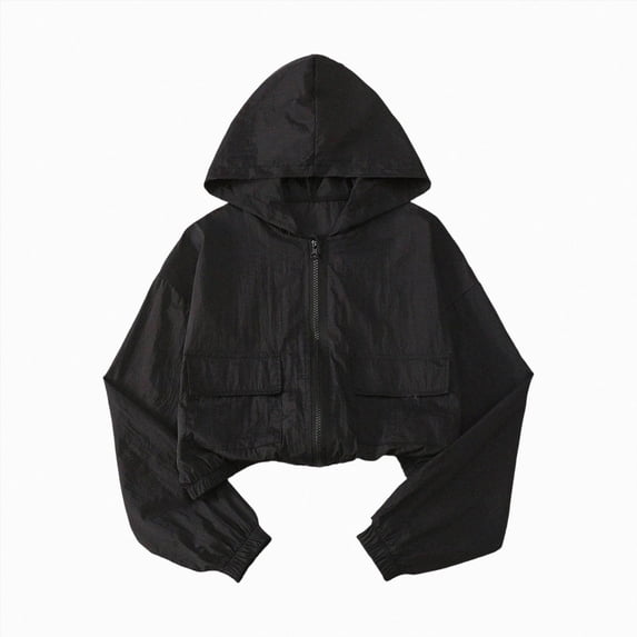 CAICJ98 Girls Zip Up Cropped Windbreaker Jacket Hooded Cargo Lightweight Outerwear (Black,10-11 Years)