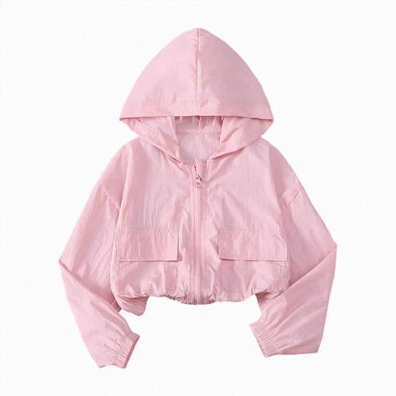 CAICJ98 Girls Zip Up Cropped Windbreaker Jacket Hooded Cargo Lightweight Outerwear (Pink,8-9 Years)
