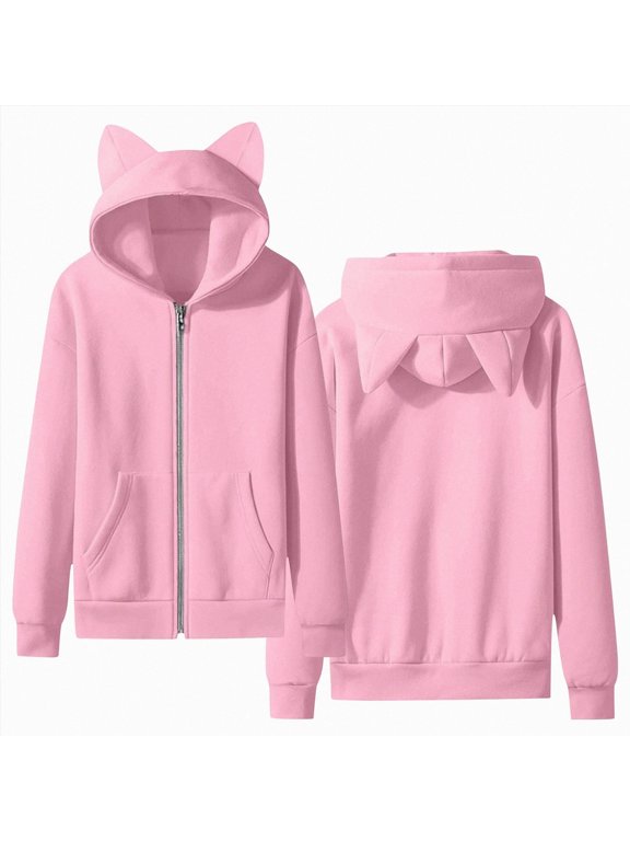 Girls Zip up Hoodie Cute Long Sleeve Cat Jacket Kids Kitten Ear Hooded Sweatshirt with Pocket Teens Fall Clothes, Size 11-12 Years
