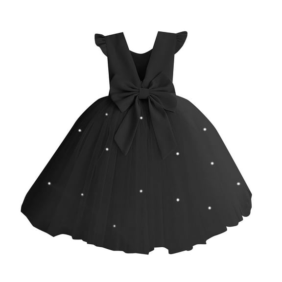 CAICJ98 Glossy Satin Flower Girl Dress V-Back Wedding Party Dresses for Toddler Girls Pearls First Communion Dresses with Bow Black,3-4 Years