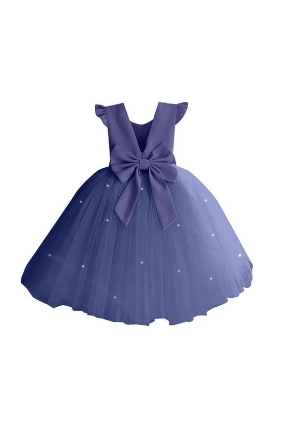 Glossy Satin Flower Girl Dress V-Back Wedding Party Dresses for Toddler Girls Pearls First Communion Dresses with Bow Dark Blue,8-9 Years