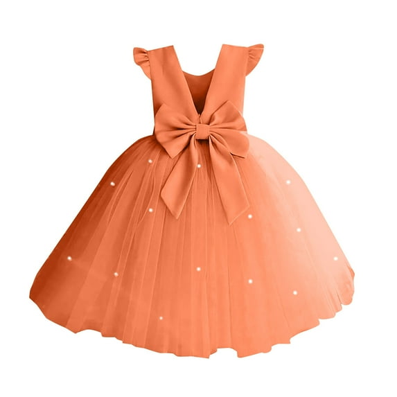 CAICJ98 Glossy Satin Flower Girl Dress V-Back Wedding Party Dresses for Toddler Girls Pearls First Communion Dresses with Bow Orange,3-4 Years