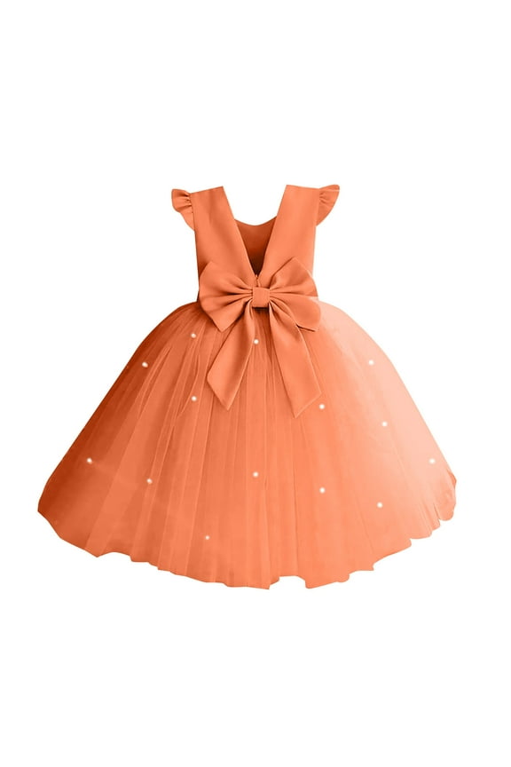 Glossy Satin Flower Girl Dress V-Back Wedding Party Dresses for Toddler Girls Pearls First Communion Dresses with Bow Orange,6-7 Years