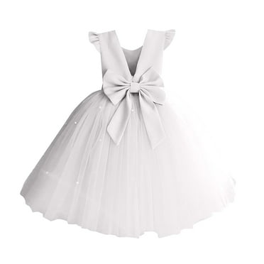 CAICJ98 Glossy Satin Flower Girl Dress V-Back Wedding Party Dresses for Toddler Girls Pearls First Communion Dresses with Bow White,18-24 Months