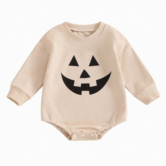 CAICJ98 Halloween Baby Boy Girl Outfit Pumpkin Long Sleeve Sweatshirt Oversized Bubble Romper Newborn Fall Winter Clothes (Beige,0-3 Months)