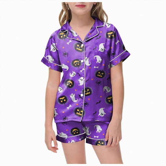 CAICJ98 Halloween Pajamas Girl Pumpkin Ghost Print Short Sleeve 2 Piece Button Down PJs for Kids Soft Sleepwear Pajamas for Girls (Dark Purple,10-11 Years)