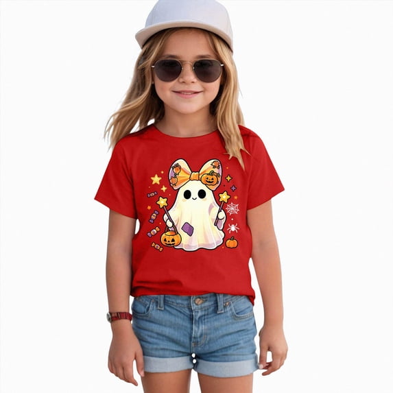 CAICJ98 Halloween Shirt for Boys Girls Ghost Pumpkin Tshirt Short Sleeve Tee Tops Spooky Season Kids Fall Clothes Toddler Halloween Shirt (Red,9-10 Years)
