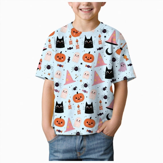 CAICJ98 Halloween Shirts for Kids, Boys Girls Ghost Pumpkin Tshirt Short Sleeve Tee Tops Spooky Season Toddler Fall Clothes Size 8-9 Years