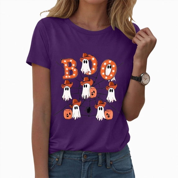 CAICJ98 Halloween Shirts for Women Cute Ghost Fall Pumpkin Graphic Shirt Short Sleeve Tee Tops