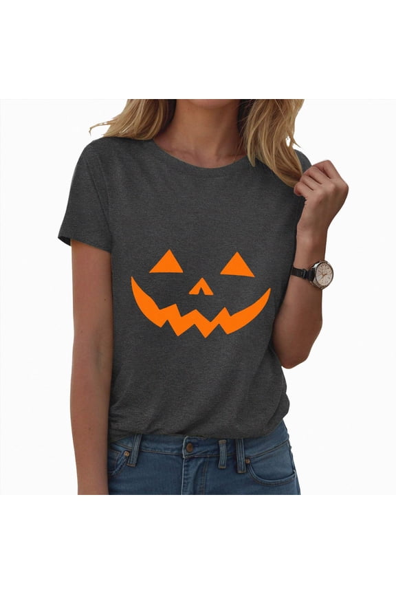 Halloween Tshirt Women Pumpkin Ghost T-Shirt Graphic Tees Casual Fall Short Sleeve Funny Casual Athletic Tops Halloween Womens Shirts (Grey,XL)