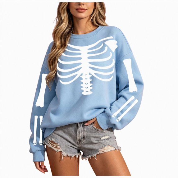 CAICJ98 Halloween Womens Sweatshirt Spooky Season Sweatshirt Cute Ghost Graphic Pullover Halloween Sweater Women Sweatshirt (Sky Blue,L)