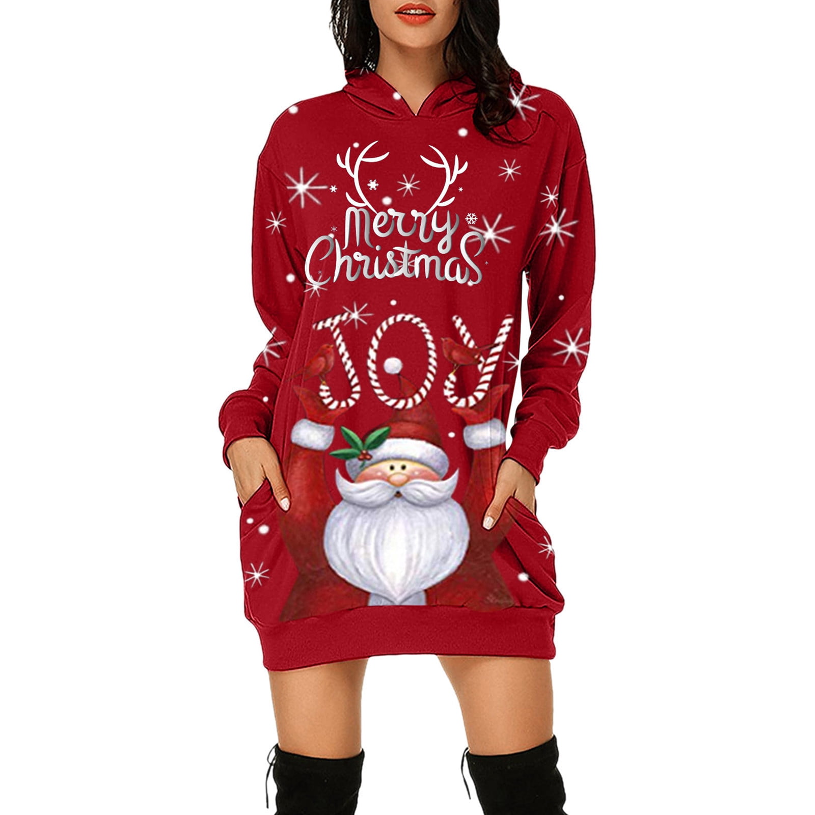 CAICJ98 Homecoming Dresses Christmas Women's Long Sleeve T-Shirt Dress  Casual Loose Round-Neck Flowy Shift Ruched Dresses Red,2XL