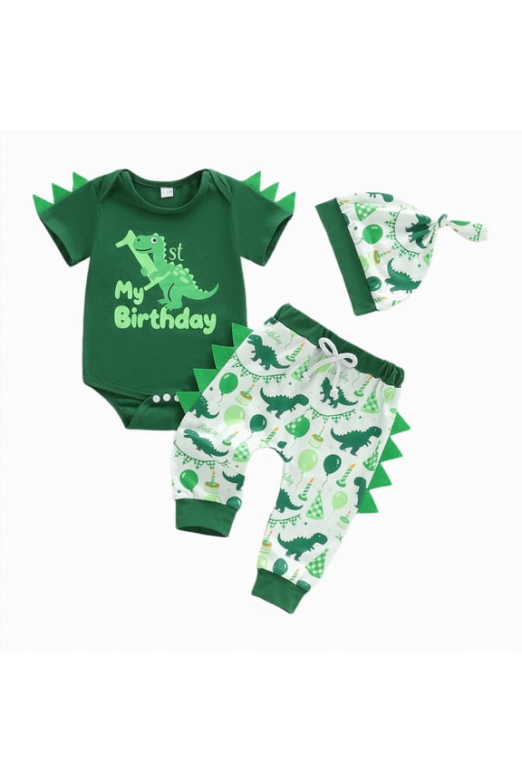 Infant Baby Boy First Birthday Outfit Dinosaur Short Sleeve Romper Long Pants Hat Spring Clothes Sets (Green,12-18 Months)