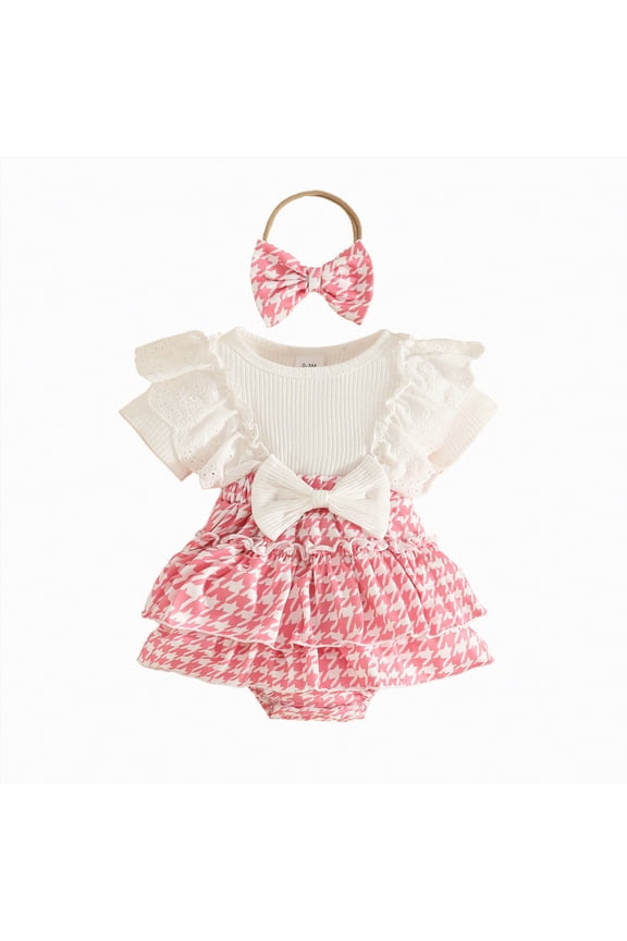 Infant Baby Girl Clothes Newborn Summer Outfits Lace Ruffle Short Sleeve Ribbed Romper Dress with Headband (0-3 Months,Red)