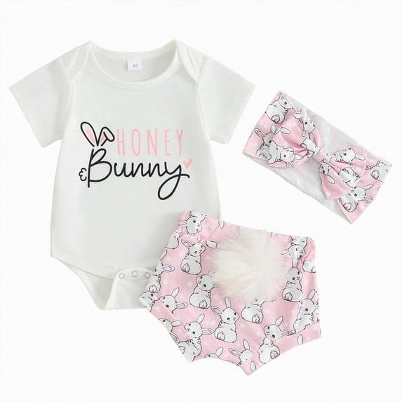 CAICJ98 Infant Baby Girl Easter Outfits Short Sleeve Romper Bunny Onesie + Pompom Shorts Bloomers + Headband 3Pcs Newborn Baby Girl Summer Clothes (Pink,12-18 Months)